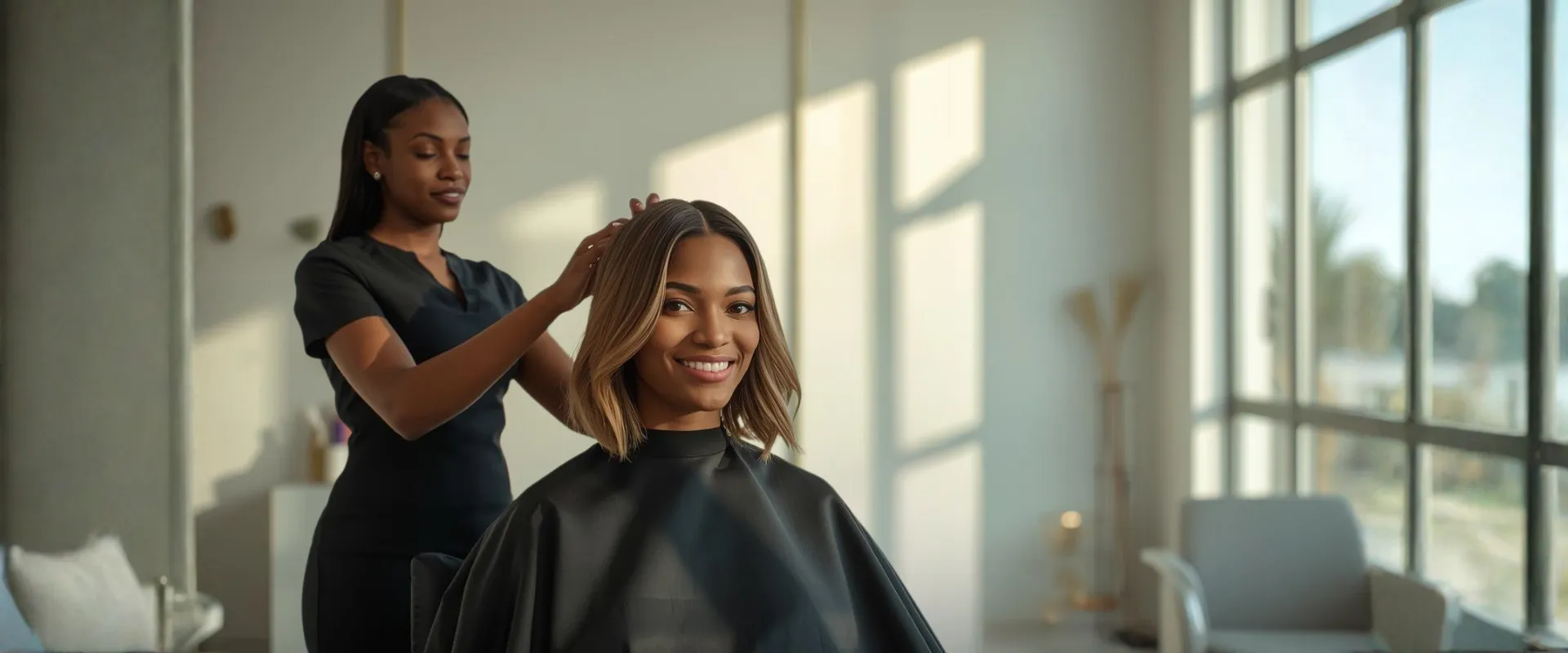 Smiling client having hair styled at Evette Class salon in Najma