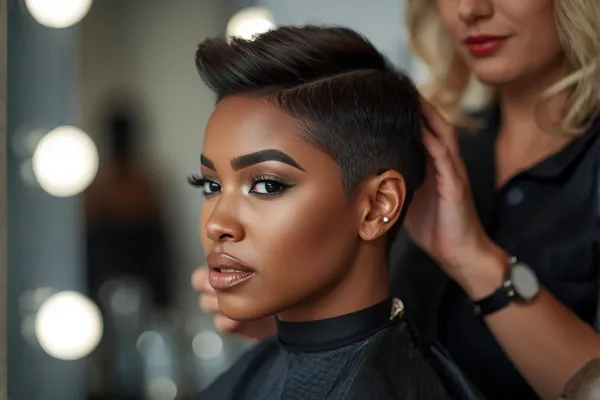 Woman with a stylish pixie hair cut